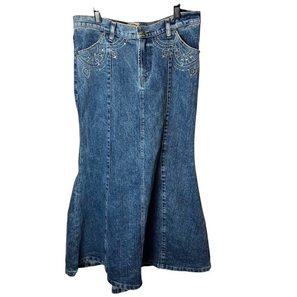VTG 24 Karat Denim Maxi Skirt M Blue Rhinestone Embroidered Y2K Rodeo Queen Jean - Picture 1 of 10